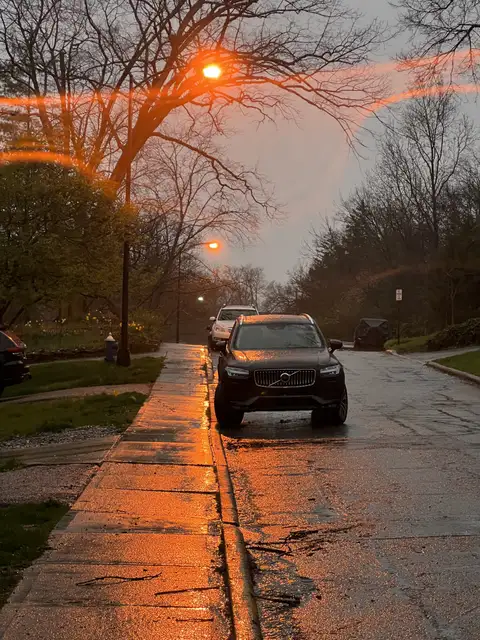 Rainy roads and fiery reflections.